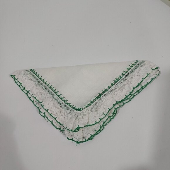 Antique Vintage 1920 Green White Wedding Handkerchief Handmade French Lace - Picture 7 of 8